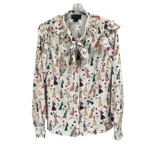 Gracia Novelty Print Button Down Ruffle Tie Neck Sz Womens Large